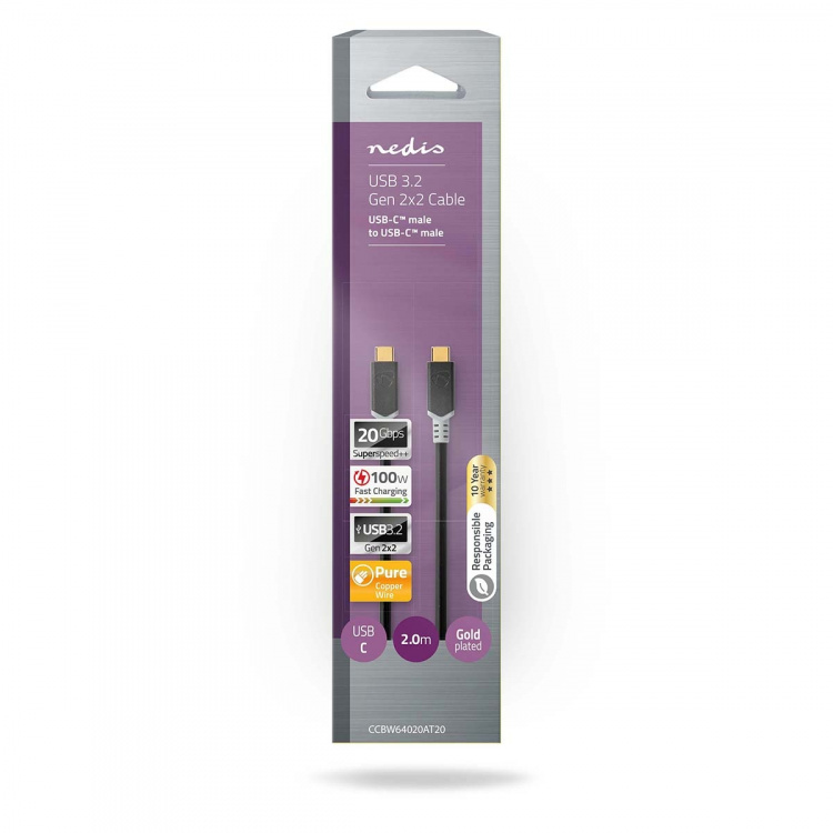 Nedis USB-kabel | USB 3.2 Gen 2x2 | USB-C™ Han | USB-C™ Han | 100 W | 4K@60Hz | 20 Gbps | Guldplateret | 2.00 m | Runde | PVC | Sølv | Box