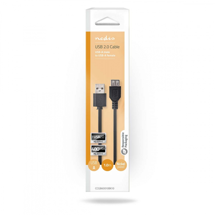 Nedis USB-kabel | USB 2.0 | USB-A Han | USB-A Hun | 480 Mbps | Nikkelplateret | 1.00 m | Runde | PVC | Sort | Box