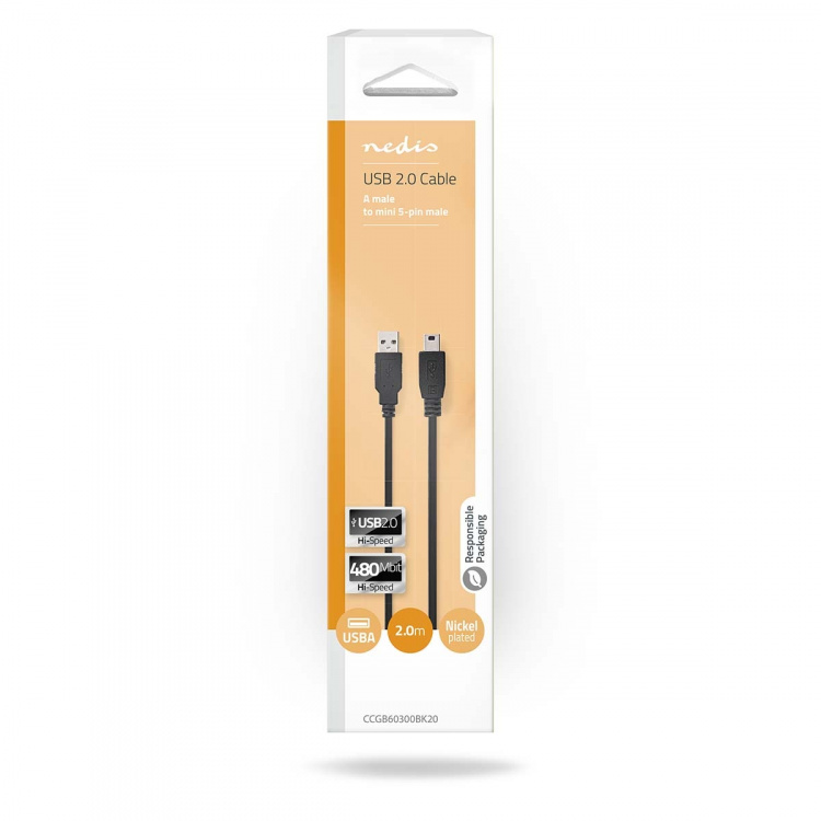 Nedis USB-kabel | USB 2.0 | USB-A Han | USB Mini-B 5-pins han | 480 Mbps | Nikkelplateret | 2.00 m | Runde | PVC | Sort | Box
