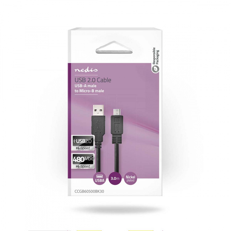 Nedis USB-kabel | USB 2.0 | USB-A Han | USB Micro-B han | 480 Mbps | Nikkelplateret | 3.00 m | Runde | PVC | Sort | Box