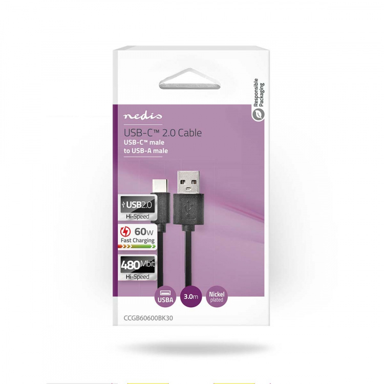Nedis USB-kabel | USB 2.0 | USB-C™ Han | USB-A Han | 15 W | 480 Mbps | Nikkelplateret | 3.00 m | Runde | PVC | Sort | Box