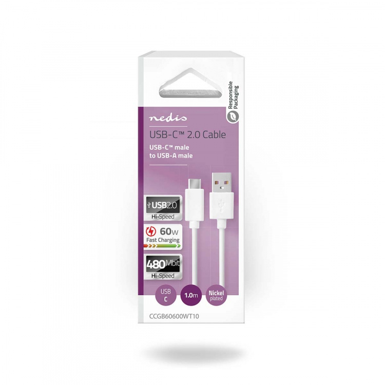 Nedis USB-kabel | USB 2.0 | USB-A Han | USB-C™ Han | 60 W | 480 Mbps | Nikkelplateret | 1.00 m | Runde | PVC | Hvid | Box