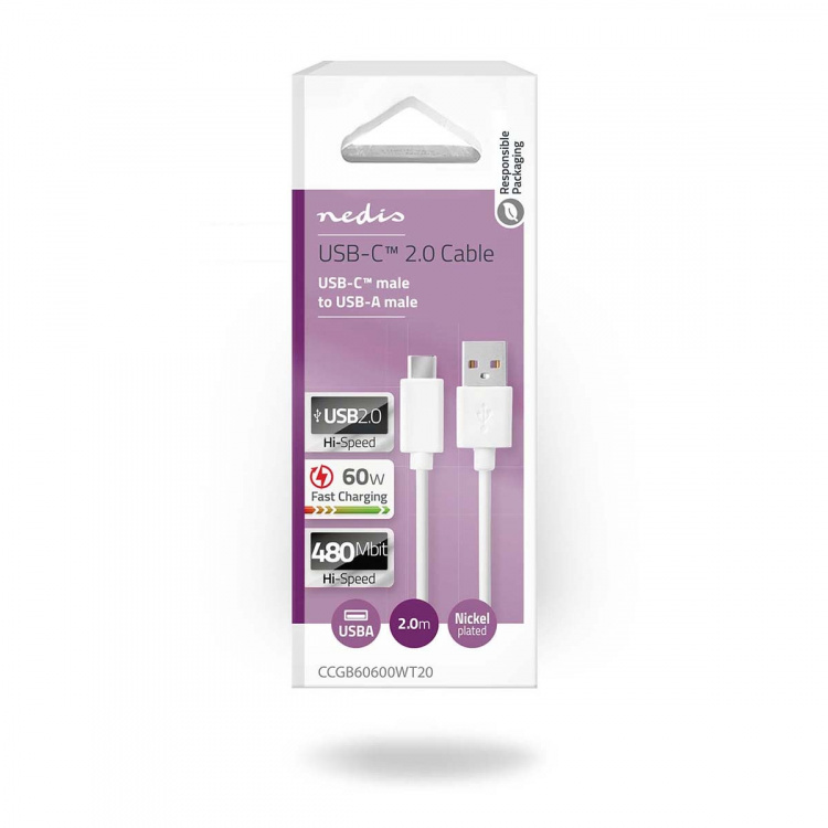 Nedis USB-kabel | USB 2.0 | USB-A Han | USB-C™ Han | 60 W | 480 Mbps | Nikkelplateret | 2.00 m | Runde | PVC | Hvid | Box