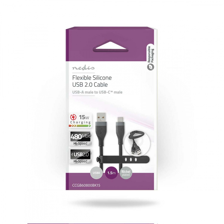 Nedis USB-kabel | USB 2.0 | USB-A Han | USB-C™ Han | 15 W | 480 Mbps | Nikkelplateret | 1.50 m | Runde | Silikone | Sort | Box