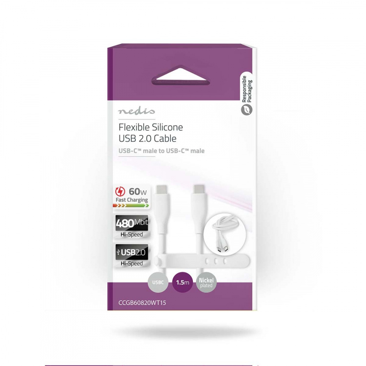 Nedis USB-kabel | USB 2.0 | USB-C™ Han | USB-C™ Han | 60 W | 480 Mbps | Nikkelplateret | 1.50 m | Runde | Silikone | Hvid | Box