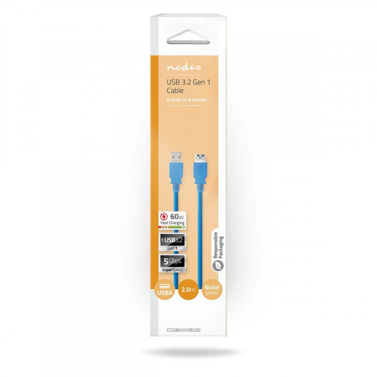 Nedis USB-kabel | USB 3.2 Gen 1 | USB-A Han | USB-A Hun | 5 Gbps | Nikkelplateret | 2.00 m | Runde | PVC | Blå | Box