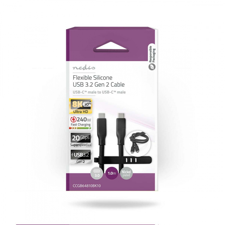 Nedis USB-kabel | USB 3.2 Gen 2 | USB-C™ Han | USB-C™ Han | 240 W | 8K@30Hz | 20 Gbps | Nikkelplateret | 1.00 m | Runde | Silikone | Sort | Box