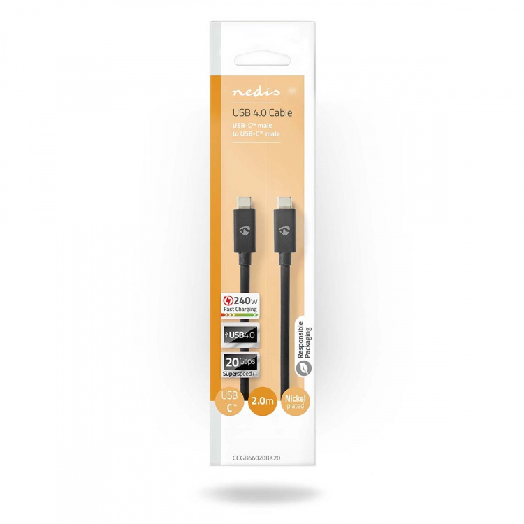Nedis USB-kabel | USB 4.0 Gen 2x2 | USB-C™ Han | USB-C™ Han | 240 W | 8K@60Hz | 20 Gbps | Nikkelplateret | 2.00 m | Runde | PVC | Sort | Box