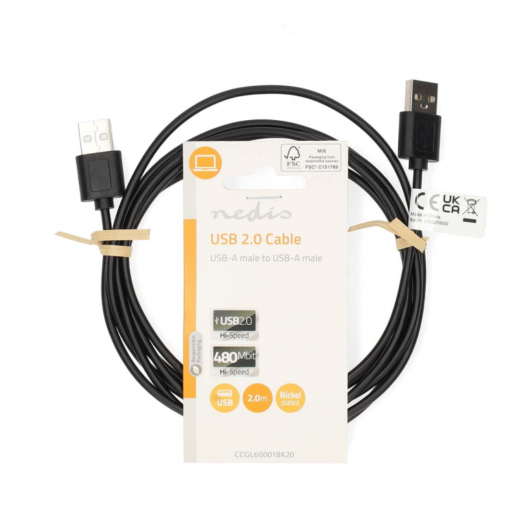 Nedis USB-kabel | USB 2.0 | USB-A Han | USB-A Han | 480 Mbps | Nikkelplateret | 2.00 m | Runde | PVC | Sort | Label