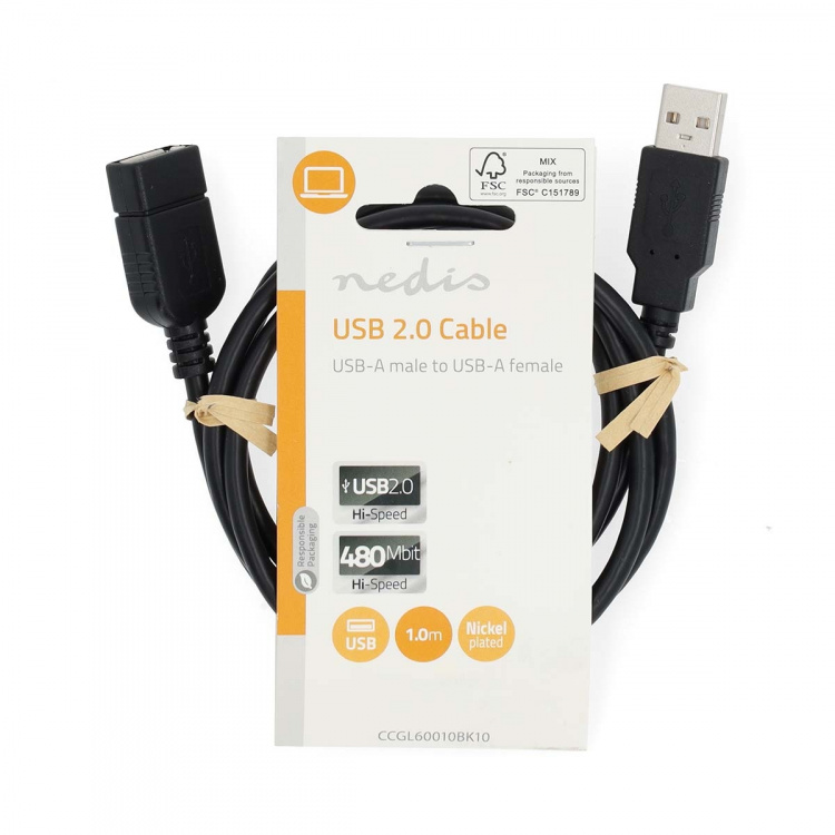 Nedis USB-kabel | USB 2.0 | USB-A Han | USB-A Hun | 480 Mbps | Nikkelplateret | 1.00 m | Runde | PVC | Sort | Label