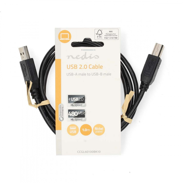 Nedis USB-kabel | USB 2.0 | USB-A Han | USB-B han | 10 W | 480 Mbps | Nikkelplateret | 1.00 m | Runde | PVC | Sort | Label