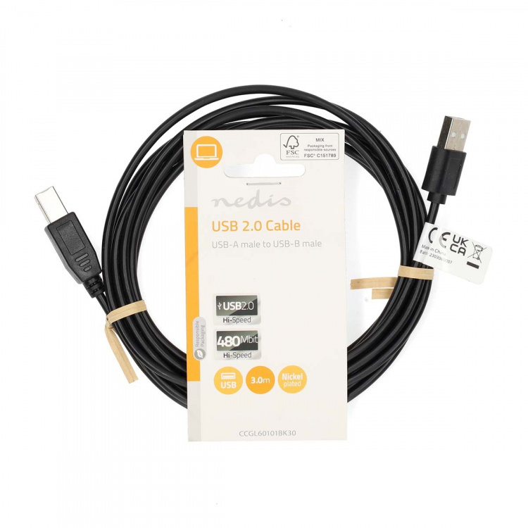 Nedis USB-kabel | USB 2.0 | USB-A Han | USB-B han | 480 Mbps | Nikkelplateret | 3.00 m | Runde | PVC | Sort | Label