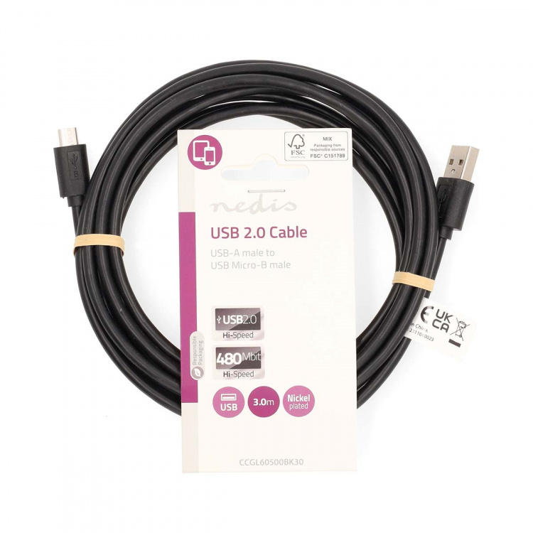 Nedis USB-kabel | USB 2.0 | USB-A Han | USB Micro-B han | 10 W | 480 Mbps | Nikkelplateret | 3.00 m | Runde | PVC | Sort | Label