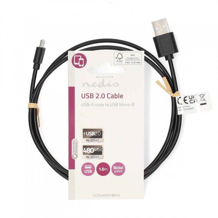 Nedis USB-kabel | USB 2.0 | USB-A Han | USB Micro-B han | 7.5 W | 480 Mbps | Nikkelplateret | 1.00 m | Runde | PVC | Sort | Label