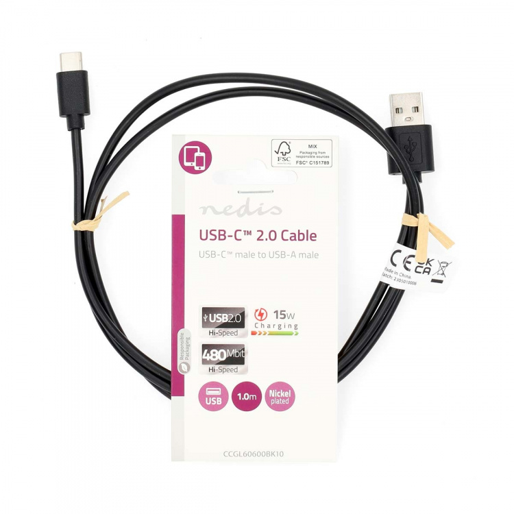 Nedis USB-kabel | USB 2.0 | USB-A Han | USB-C™ Han | 15 W | 480 Mbps | Nikkelplateret | 1.00 m | Runde | PVC | Sort | Label
