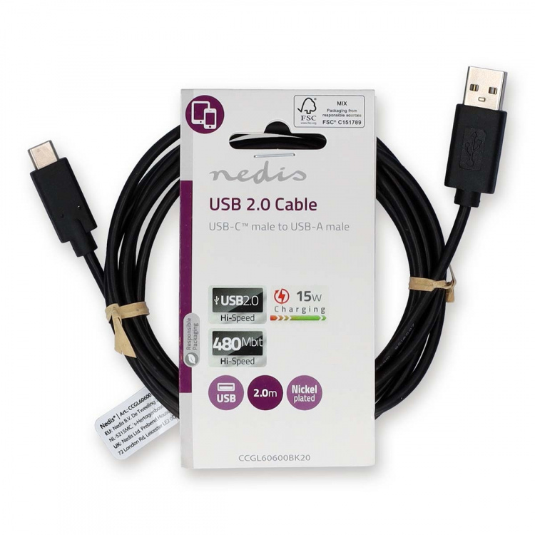 Nedis USB-kabel | USB 2.0 | USB-A Han | USB-C™ Han | 15 W | 480 Mbps | Nikkelplateret | 2.00 m | Runde | PVC | Sort | Label