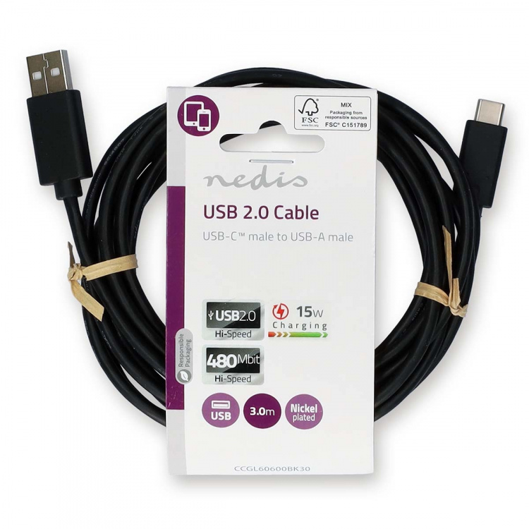 Nedis USB-kabel | USB 2.0 | USB-A Han | USB-C™ Han | 15 W | 480 Mbps | Nikkelplateret | 3.00 m | Runde | PVC | Sort | Label