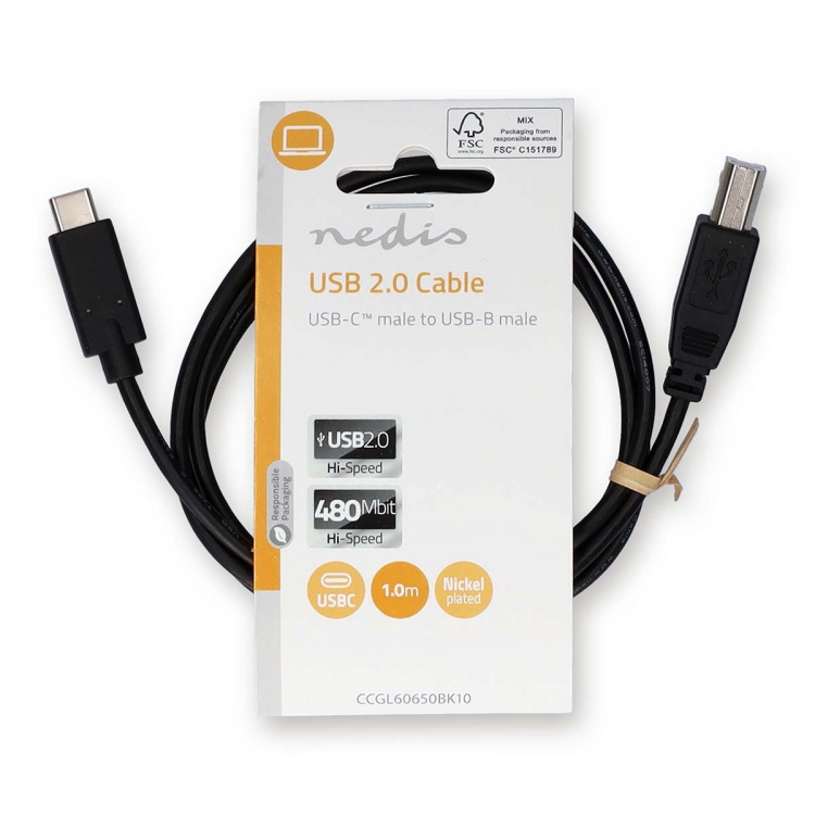 Nedis USB-kabel | USB 2.0 | USB-C™ Han | USB-B han | 480 Mbps | Nikkelplateret | 1.00 m | Runde | PVC | Sort | Label