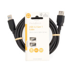 Nedis USB-kabel | USB 3.2 Gen 1 | USB-A Han | USB-A Hun | 5 Gbps | Nikkelplateret | 2.00 m | Runde | PVC | Sort | Label