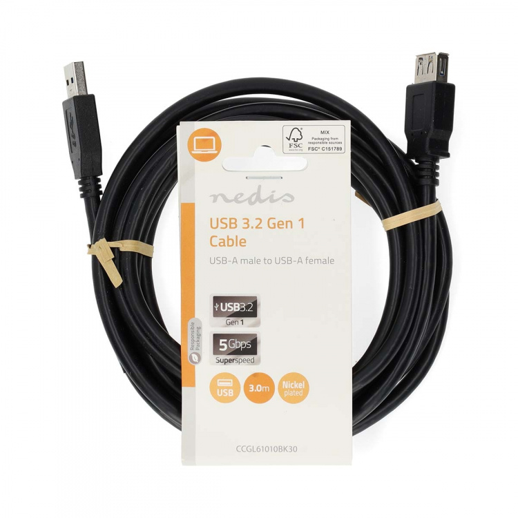 Nedis USB-kabel | USB 3.2 Gen 1 | USB-A Han | USB-A Hun | 5 Gbps | Nikkelplateret | 3.00 m | Runde | PVC | Sort | Label