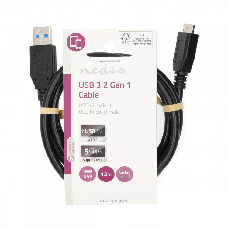 Nedis USB-kabel | USB 3.2 Gen 1 | USB-A Han | USB Micro-B han | 5 Gbps | Nikkelplateret | 1.00 m | Runde | PVC | Sort | Label
