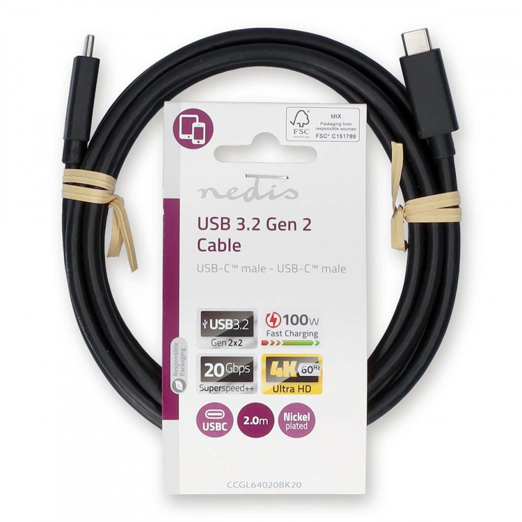 Nedis USB-kabel | USB 3.2 Gen 2 | USB-C™ Han | USB-C™ Han | 100 W | 4K@60Hz | 20 Gbps | Nikkelplateret | 2.00 m | Runde | PVC | Sort | Label