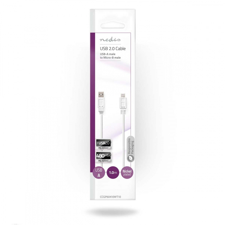 Nedis USB-kabel | USB 2.0 | USB-A Han | USB Micro-B han | 480 Mbps | Nikkelplateret | 1.00 m | Fladt | PVC | Hvid | Konvolut