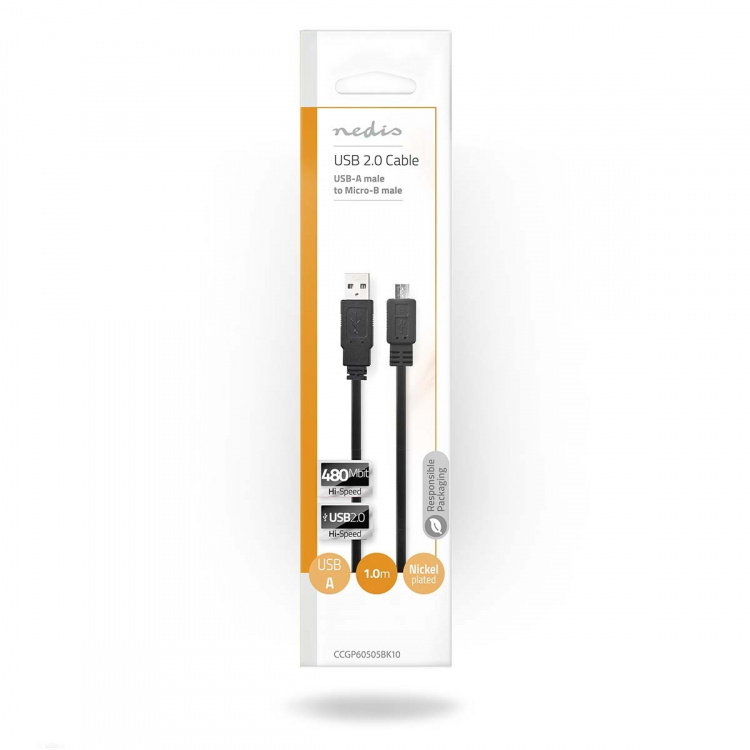 Nedis USB-kabel | USB 2.0 | USB-A Han | USB Micro-B han | 480 Mbps | Nikkelplateret | 1.00 m | Fladt | PVC | Sort | Konvolut