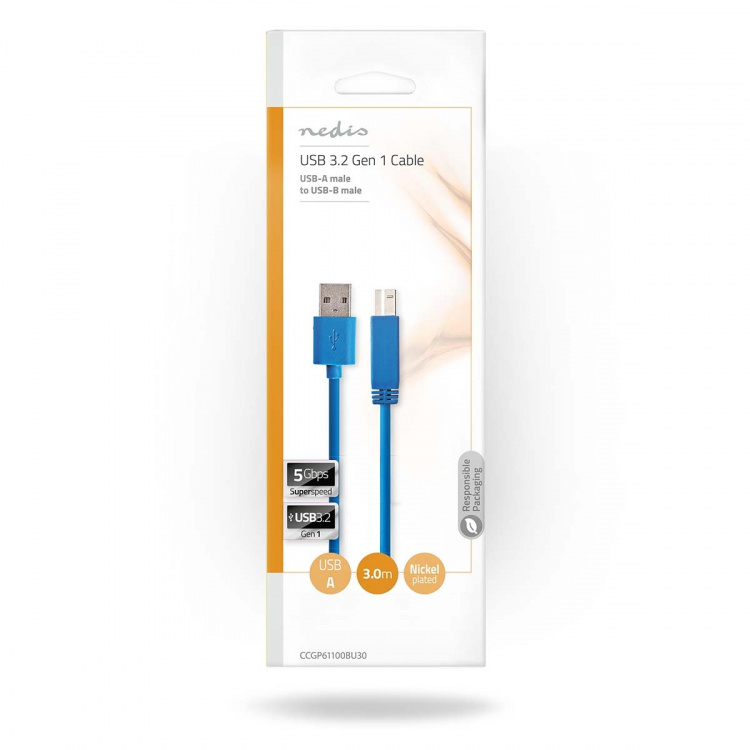 Nedis USB-kabel | USB 3.2 Gen 1 | USB-A Han | USB-B han | 5 Gbps | Nikkelplateret | 3.00 m | Runde | PVC | Blå | Konvolut