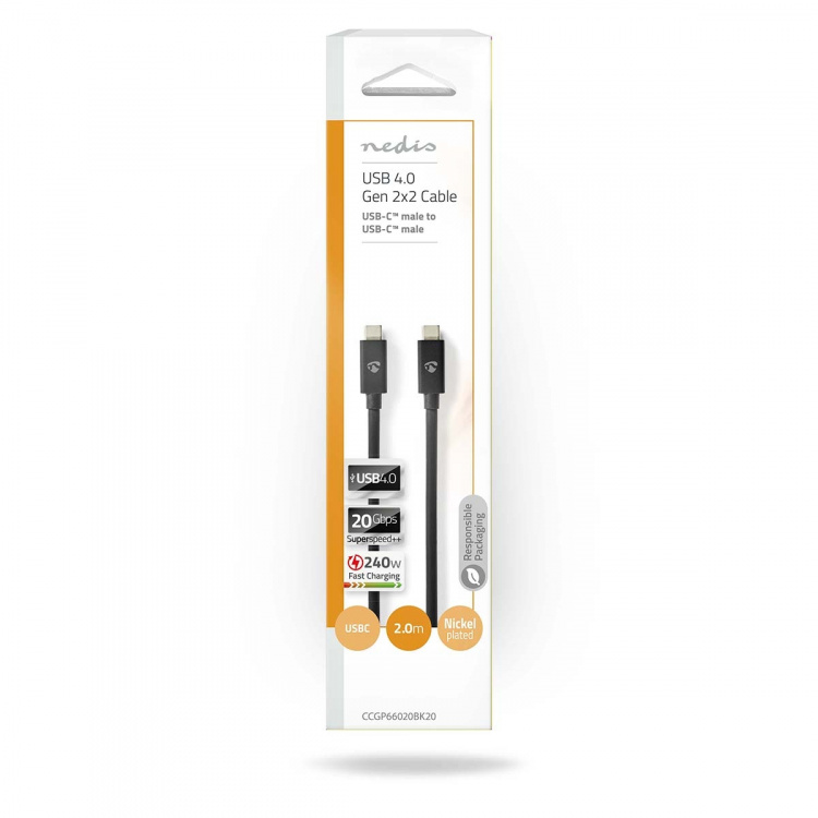Nedis USB-kabel | USB 4.0 Gen 2x2 | USB-C™ Han | USB-C™ Han | 240 W | 8K@60Hz | 20 Gbps | Nikkelplateret | 2.00 m | Runde | PVC | Sort | Konvolut