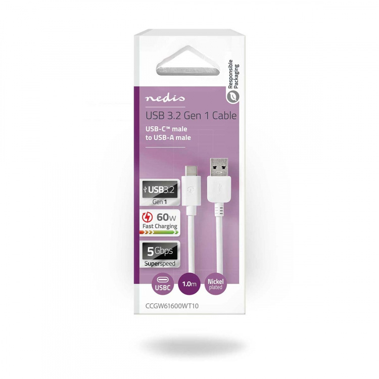 Nedis USB-kabel | USB 3.2 Gen 1 | USB-A Han | USB-C™ Han | 60 W | 5 Gbps | Nikkelplateret | 1.00 m | Runde | PVC | Hvid | Box