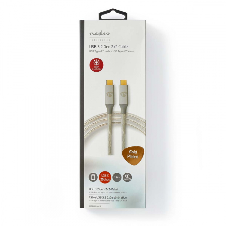 Nedis USB-kabel | USB 3.2 Gen 2x2 | USB-C™ Han | USB-C™ Han | 100 W | 4K@60Hz | 20 Gbps | Guldplateret | 1.00 m | Runde | Flettet / Nylon | Sølv | Cover Window Box Nedis USB-kabel | USB 3.2 Gen 2x2 | USB-C™ Han | USB-C™ Han | 100 W | 4K@60Hz | 20 Gbps | Guldplateret | 1.00 m | Runde | Flettet / Nylon | Sølv | Cover Window Box