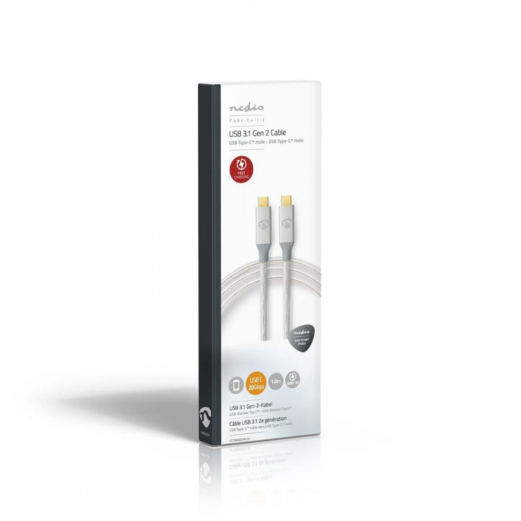 Nedis USB-kabel | USB 3.2 Gen 2x2 | USB-C™ Han | USB-C™ Han | 100 W | 4K@60Hz | 20 Gbps | Guldplateret | 1.00 m | Runde | Flettet / Nylon | Sølv | Cover Window Box Nedis USB-kabel | USB 3.2 Gen 2x2 | USB-C™ Han | USB-C™ Han | 100 W | 4K@60Hz | 20 Gbps | Guldplateret | 1.00 m | Runde | Flettet / Nylon | Sølv | Cover Window Box