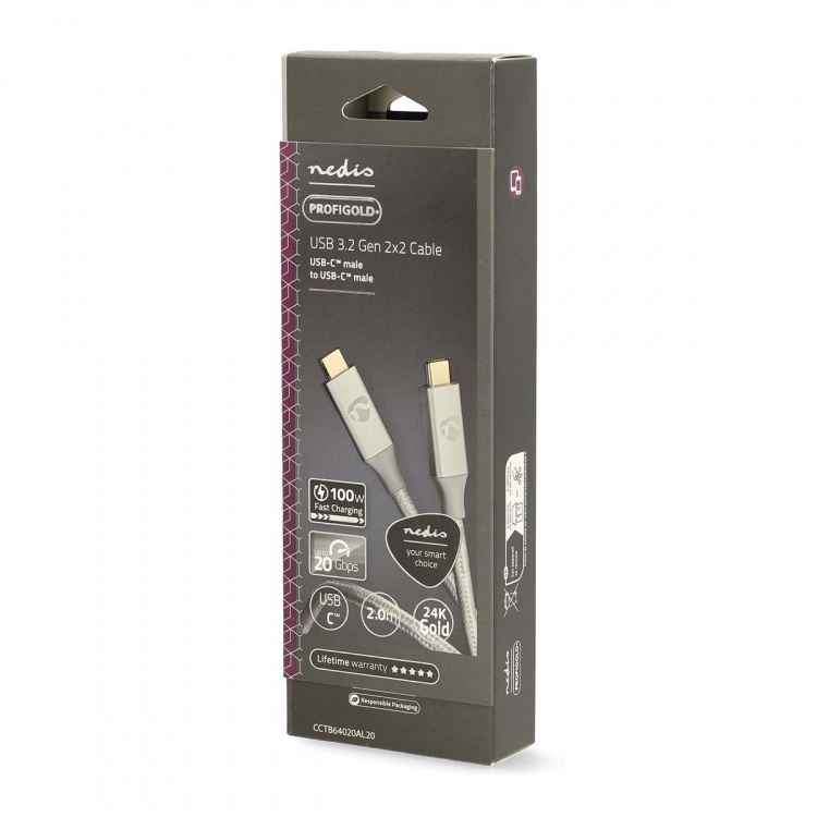 Nedis USB-kabel | USB 3.2 Gen 2x2 | USB-C™ Han | USB-C™ Han | 100 W | 4K@60Hz | 20 Gbps | Guldplateret | 2.00 m | Runde | Flettet / Nylon | Sølv | Cover Window Box Nedis USB-kabel | USB 3.2 Gen 2x2 | USB-C™ Han | USB-C™ Han | 100 W | 4K@60Hz | 20 Gbps | Guldplateret | 2.00 m | Runde | Flettet / Nylon | Sølv | Cover Window Box