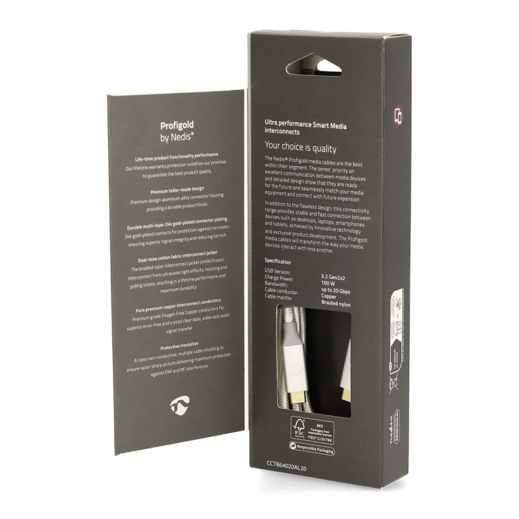 Nedis USB-kabel | USB 3.2 Gen 2x2 | USB-C™ Han | USB-C™ Han | 100 W | 4K@60Hz | 20 Gbps | Guldplateret | 2.00 m | Runde | Flettet / Nylon | Sølv | Cover Window Box Nedis USB-kabel | USB 3.2 Gen 2x2 | USB-C™ Han | USB-C™ Han | 100 W | 4K@60Hz | 20 Gbps | Guldplateret | 2.00 m | Runde | Flettet / Nylon | Sølv | Cover Window Box