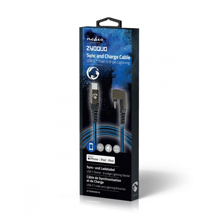 Nedis USB-kabel | USB 2.0 | Apple Lightning 8-pin | USB-C™ Han | 60 W | 480 Mbps | Nikkelplateret | 1.00 m | Runde | Flettet / Nylon | Blå / Sort | Cover Window Box