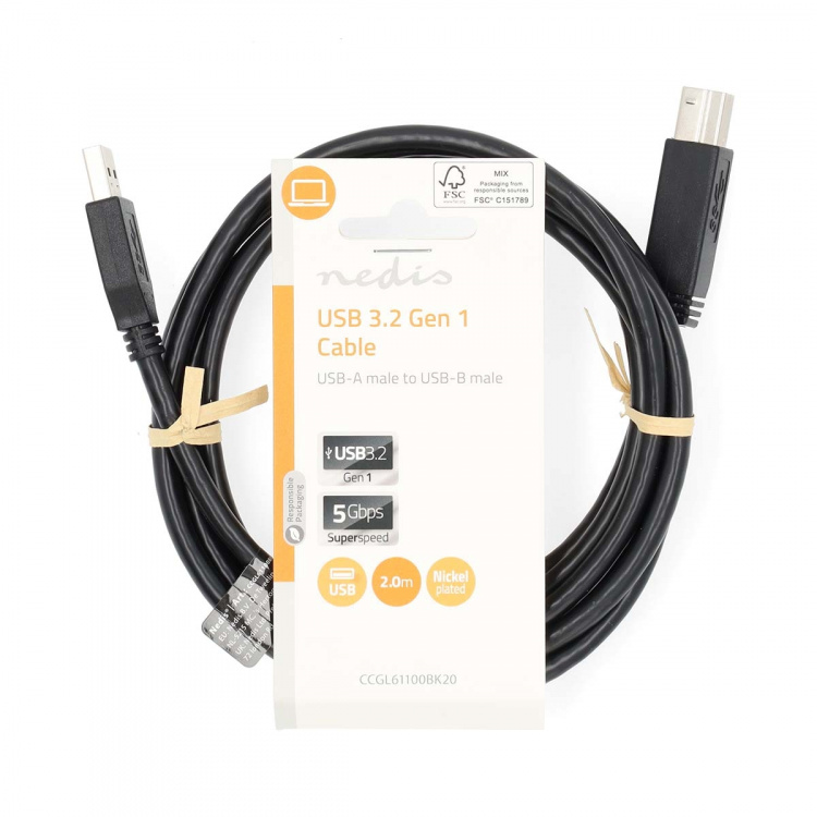 Nedis USB-kabel | USB 3.2 Gen 1 | USB-A Han | USB-B han | 5 Gbps | Nikkelplateret | 2.00 m | Runde | PVC | Sort | Label