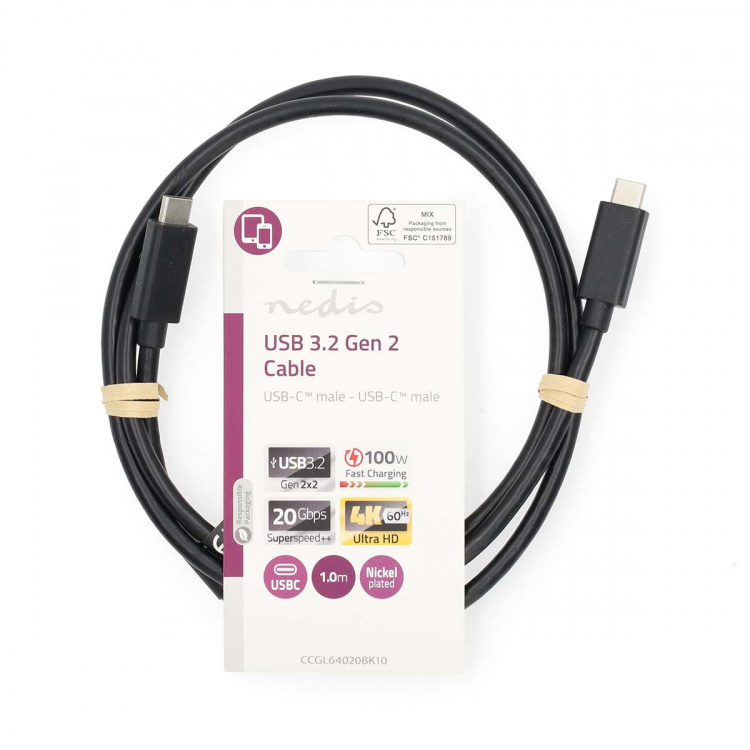 Nedis USB-kabel | USB 3.2 Gen 2 | USB-C™ Han | USB-C™ Han | 100 W | 4K@60Hz | 20 Gbps | Nikkelplateret | 1.00 m | Runde | PVC | Sort | Label