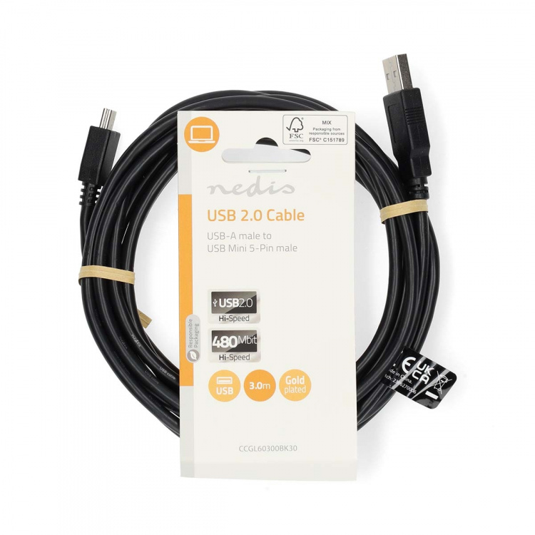 Nedis USB-kabel | USB 2.0 | USB-A Han | USB Mini-B 5-pins han | 480 Mbps | Nikkelplateret | 3.00 m | Runde | PVC | Sort | Label