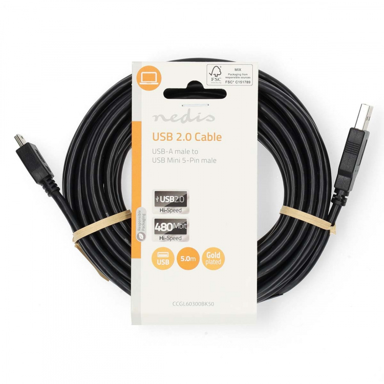 Nedis USB-kabel | USB 2.0 | USB-A Han | USB Mini-B 5-pins han | 480 Mbps | Nikkelplateret | 5.00 m | Runde | PVC | Sort | Label