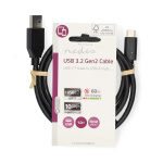 Nedis USB-kabel | USB 3.2 Gen 2 | USB-A Han | USB-C™ Han | 60 W | 10 Gbps | Nikkelplateret | 1.00 m | Runde | PVC | Sort | Label