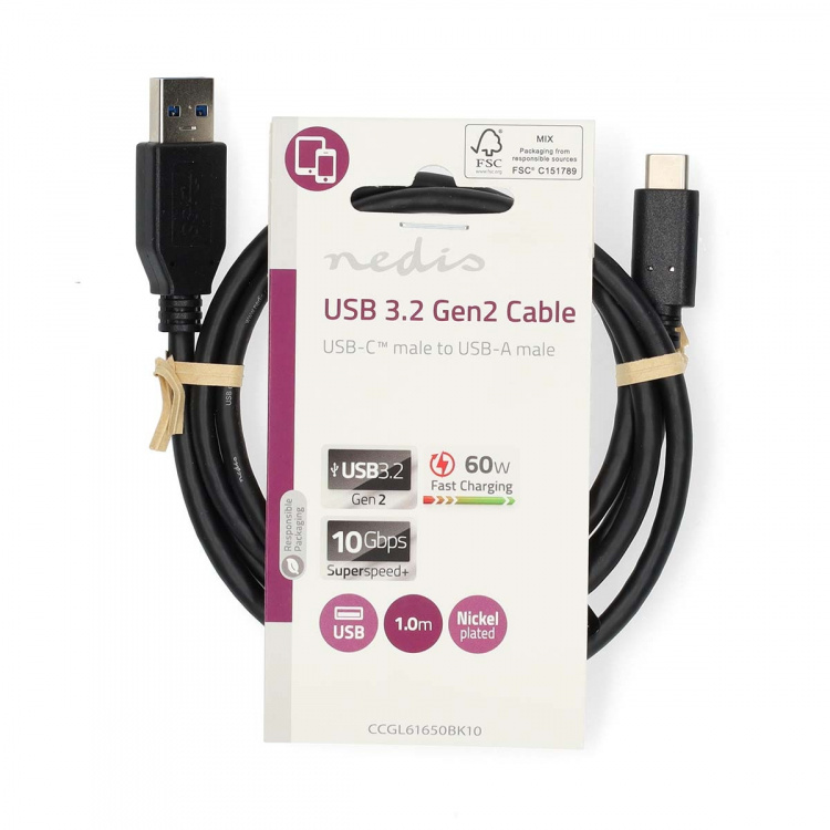 Nedis USB-kabel | USB 3.2 Gen 2 | USB-A Han | USB-C™ Han | 60 W | 10 Gbps | Nikkelplateret | 1.00 m | Runde | PVC | Sort | Label