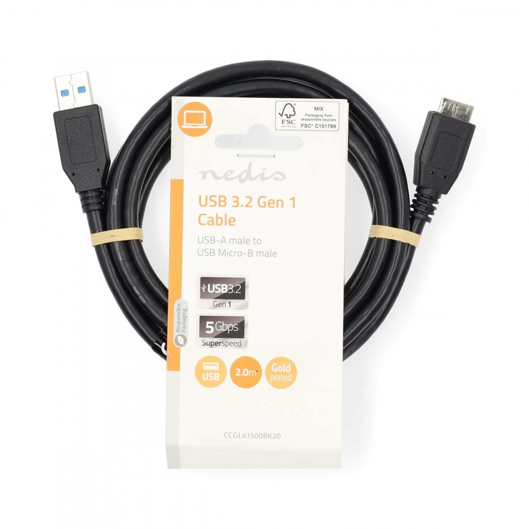 Nedis USB-kabel | USB 3.2 Gen 1 | USB-A Han | USB Micro-B han | 5 Gbps | Nikkelplateret | 2.00 m | Runde | PVC | Sort | Label