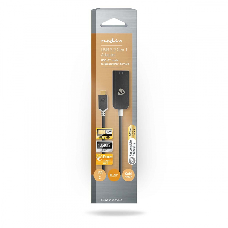 Nedis USB-C™ Adapter | USB 3.2 Gen 1 | USB-C™ Han | DisplayPort Hun | 8K@30Hz | 0.20 m | Runde | Guldplateret | PVC | Antracit | Window Box