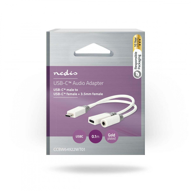 Nedis USB-C™ Adapter | USB 2.0 | USB-C™ Han | USB-C™ Hun / 3.5 mm Hunstik | 0.10 m | Runde | Guldplateret | PVC | Hvid | Box