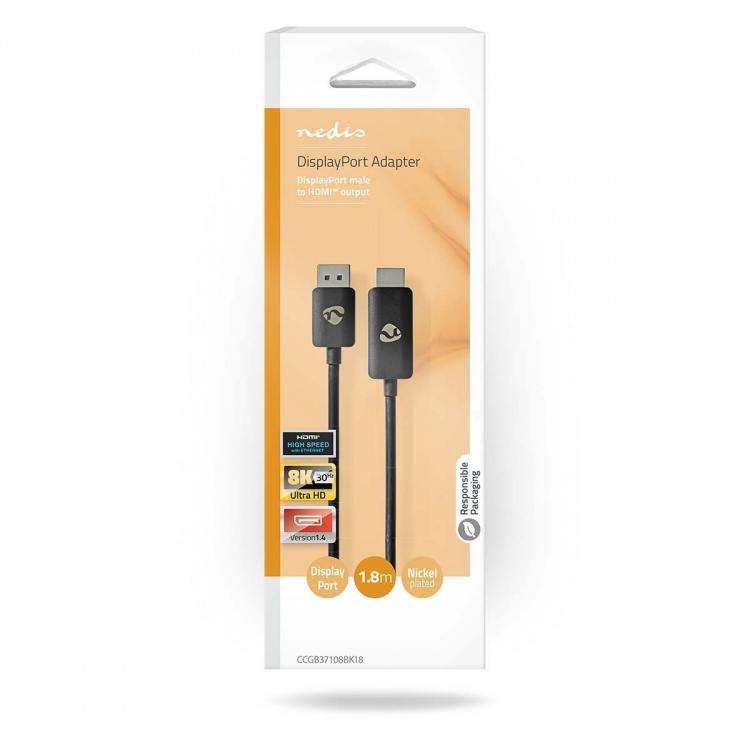 Nedis DisplayPort adapter | DisplayPort Han | HDMI™ Stik | 8K@30Hz | Nikkelplateret | Lige | 1.80 m | Runde | TPE | Sort | Box