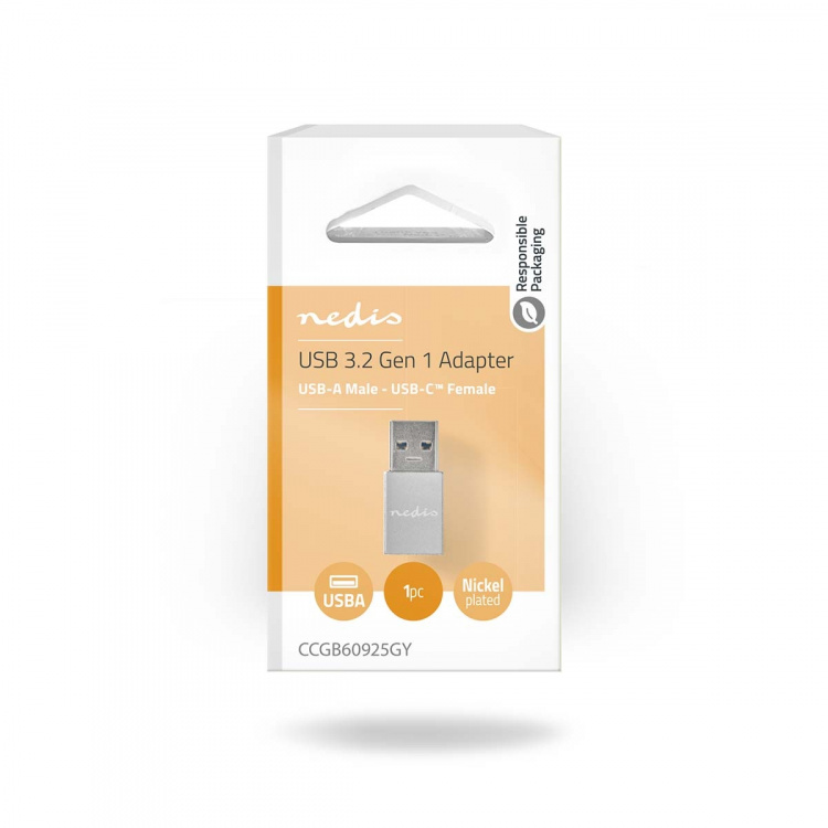 Nedis USB-A Adapter | USB 3.2 Gen 1 | USB-A Han | USB-C™ Hun | 5 Gbps | Runde | Nikkelplateret | Sort | Box
