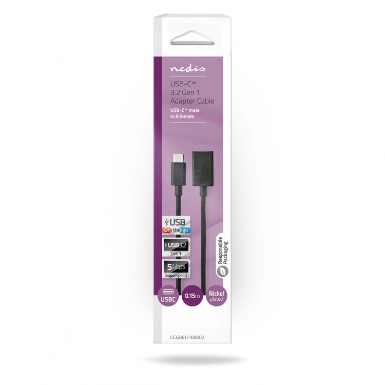 Nedis USB-C™ Adapter | USB 3.2 Gen 1 | USB-C™ Han | USB-A Hun | 5 Gbps | 0.15 m | Runde | Nikkelplateret | PVC | Sort | Box