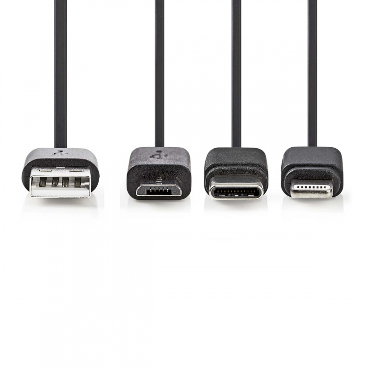 Nedis 3 i 1 kabel | USB 2.0 | USB-A Han | Apple Lightning 8-pin / USB Micro-B han / USB-C™ Han | 480 Mbps | 1.00 m | Nikkelplateret | Runde | PVC | Sort | Label