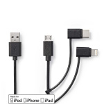 Nedis 3 i 1 kabel | USB 2.0 | USB-A Han | Apple Lightning 8-pin / USB Micro-B han / USB-C™ Han | 480 Mbps | 1.00 m | Nikkelplateret | Runde | PVC | Sort | Label